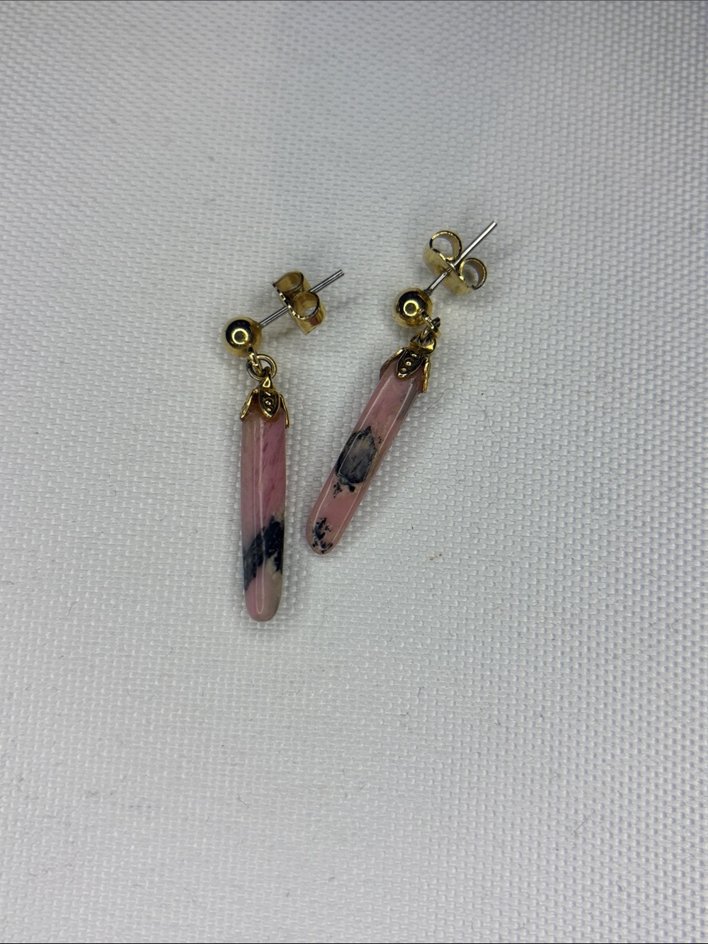Rhodonite pink black stone gold plated earrings, dainty
